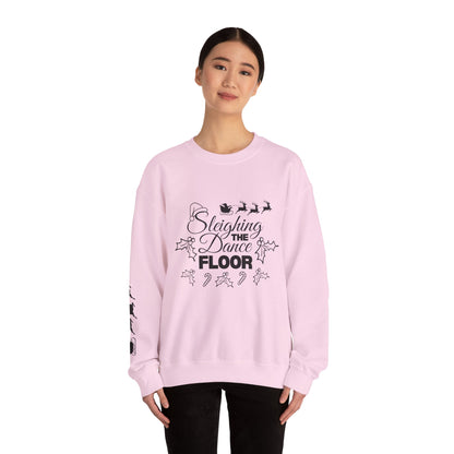 “Sleighing the Dance Floor” ADULT SWEATSHIRT Unisex Heavy Blend Crewneck – Festive Christmas Dance Sweatshirt with Santa’s Sleigh & Reindeer Arm Design, Perfect for Dancers & Studios