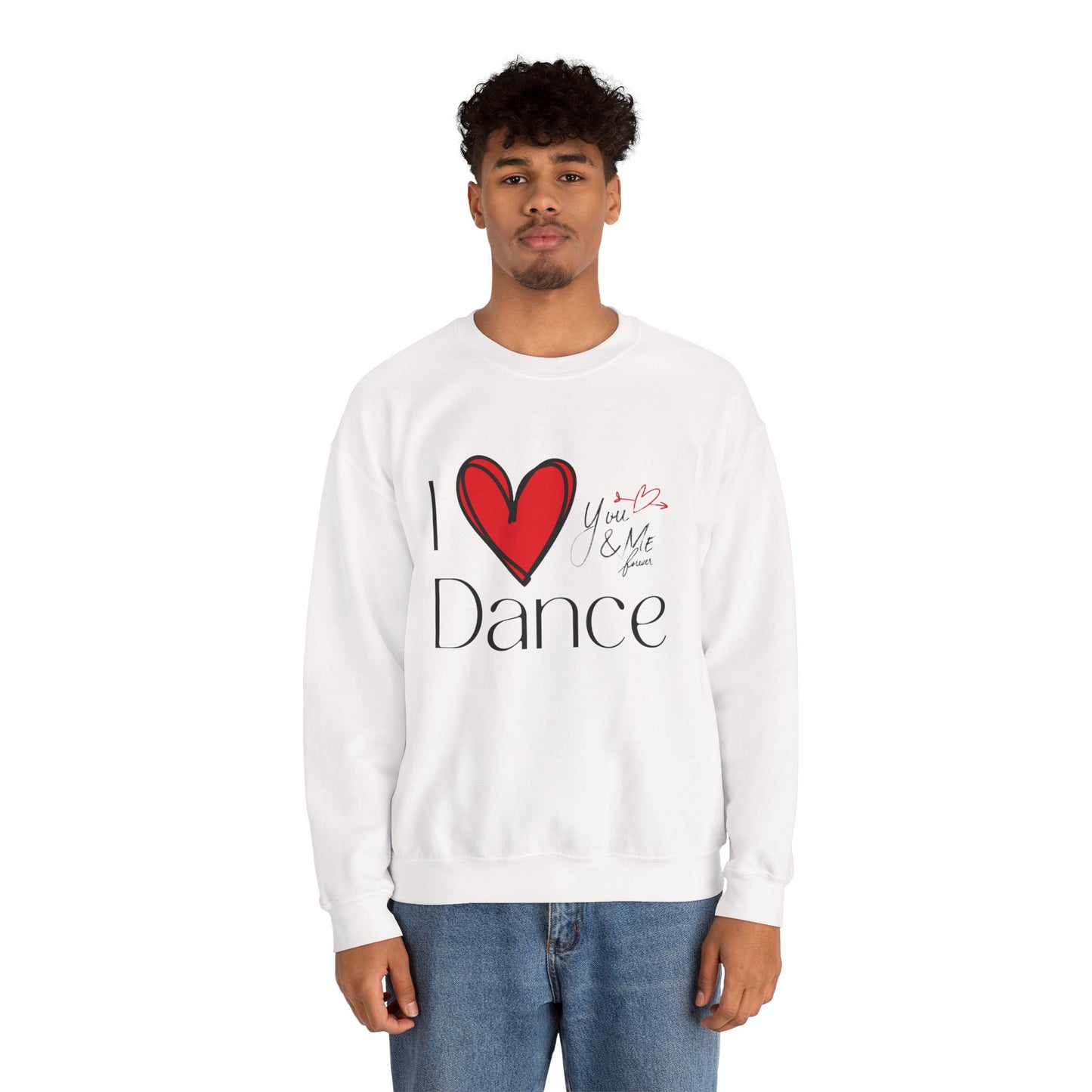 "I Love Dance" Unisex Crewneck Sweatshirt – Hand-Drawn Heart & Note Graphic Dance Lover Pullover