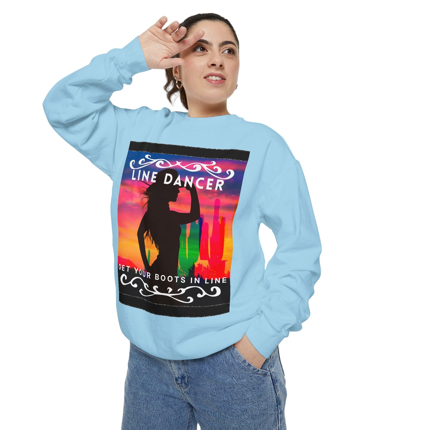 "Line Dancer, Get Your Boots in Line" Unisex Lightweight Crewneck Sweatshirt – Western Dance Graphic Pullover for Country Music & Boot Scootin’ Fans