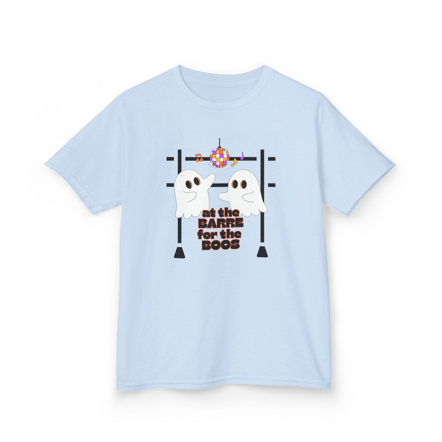 “At the Barre for the Boos” Halloween Dance T-Shirt with Cute Ghost Ballet Graphics - Kids Heavy Cotton™ Tee