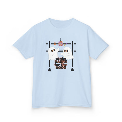 “At the Barre for the Boos” Halloween Dance T-Shirt with Cute Ghost Ballet Graphics - Kids Heavy Cotton™ Tee