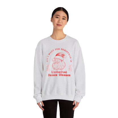 “All I Want for Christmas Is Unlimited Dance Classes” ADULT SWEATSHIRT Unisex Heavy Blend Crewneck with Vintage Santa – Festive Holiday Dance Sweatshirt for Dancers & Studios