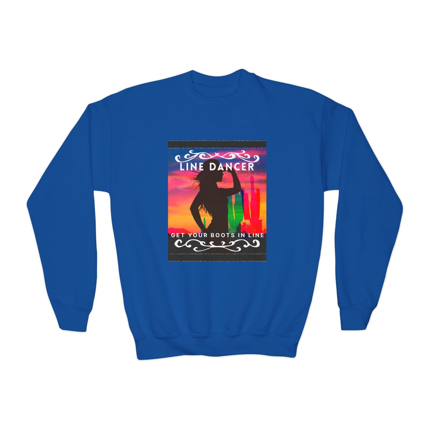 "Line Dancer, Get Your Boots in Line!" Youth Crewneck Sweatshirt – Western-Inspired Dance Graphic – Country Dance Pullover for Kids