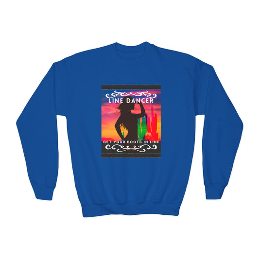 "Line Dancer, Get Your Boots in Line!" Youth Crewneck Sweatshirt – Western-Inspired Dance Graphic – Country Dance Pullover for Kids