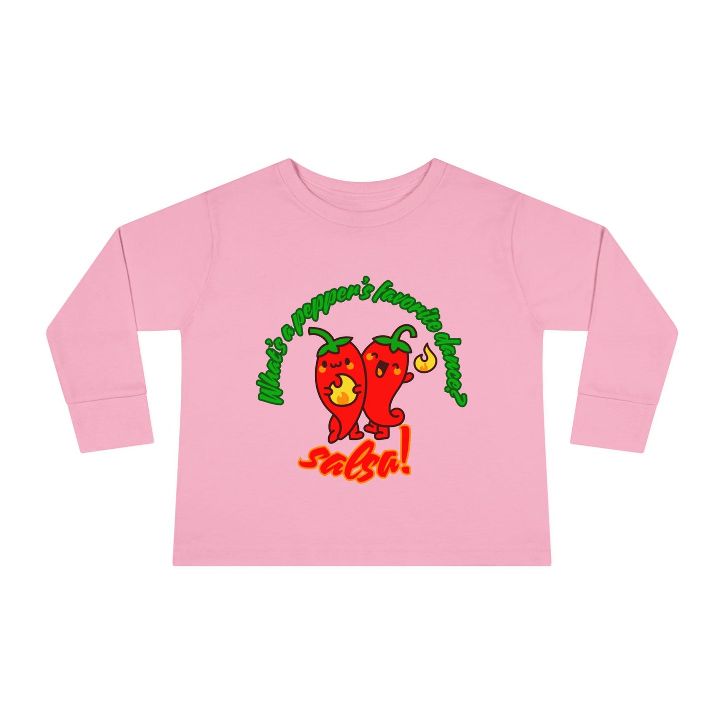 "What Is a Pepper's Favorite Dance? Salsa!" Toddler Dance T-Shirt – Cute Pepper Pun Graphic Long Sleeve Tee for Kids