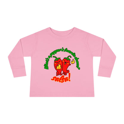 "What Is a Pepper's Favorite Dance? Salsa!" Toddler Dance T-Shirt – Cute Pepper Pun Graphic Long Sleeve Tee for Kids