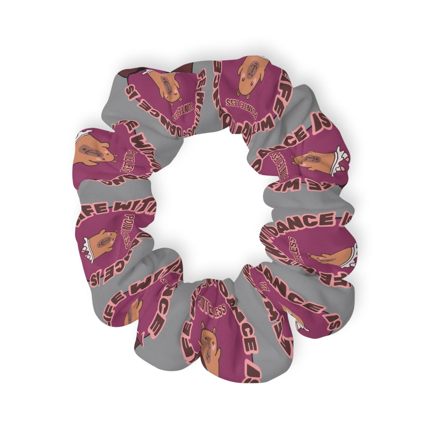 “Life Without Dance Is Pointeless” Scrunchie – Funny Ballet Pun Hair Accessory with Cute Dancing Capybara Graphic