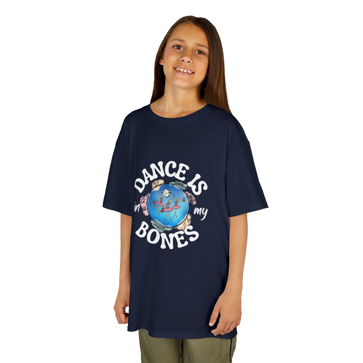 "Dance Is in My Bones” Halloween Dance T-Shirt with Dancing Skeletons Graphic - Kids Heavy Cotton™ Tee