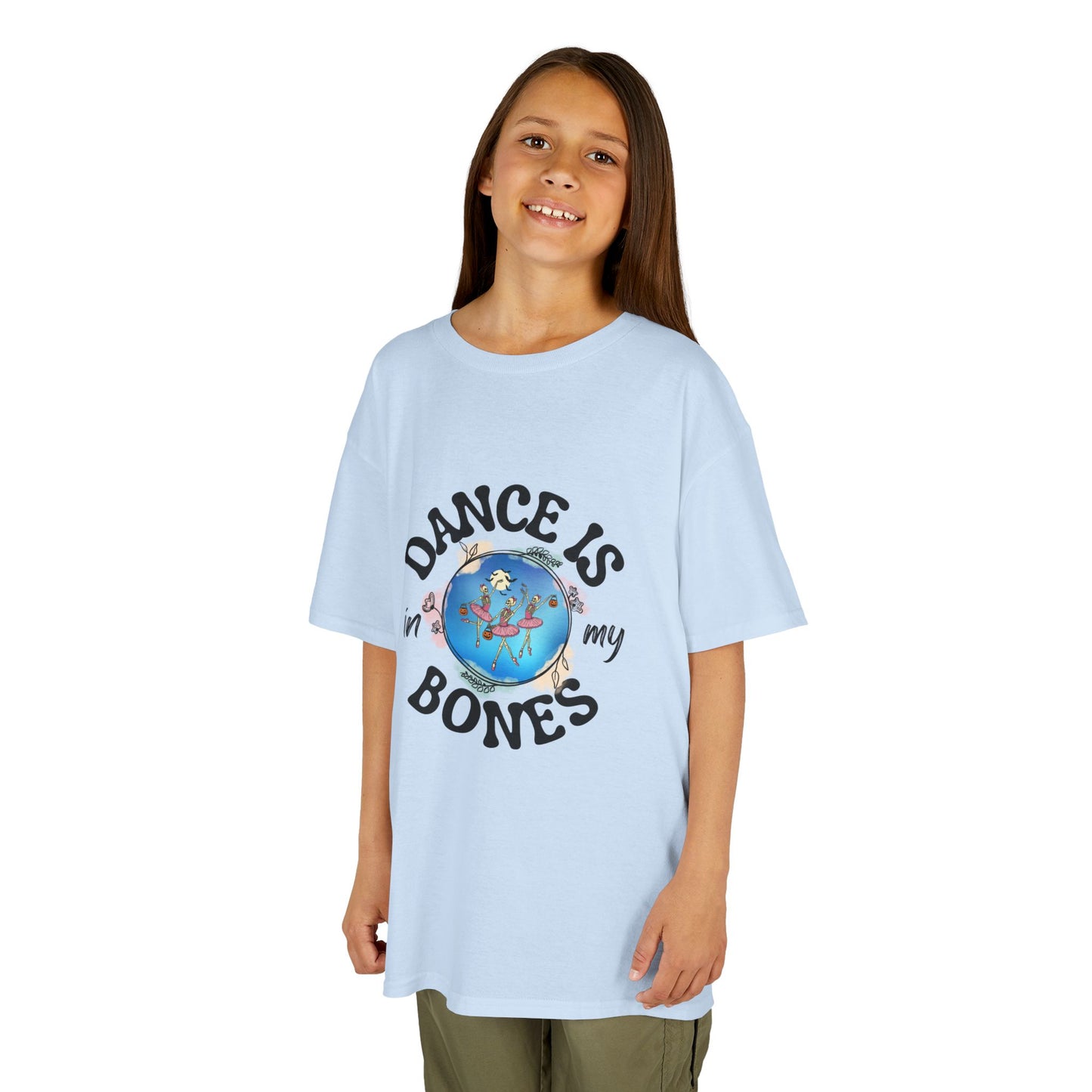 "Dance Is in My Bones” Halloween Dance T-Shirt with Dancing Skeletons Graphic - Kids Heavy Cotton™ Tee