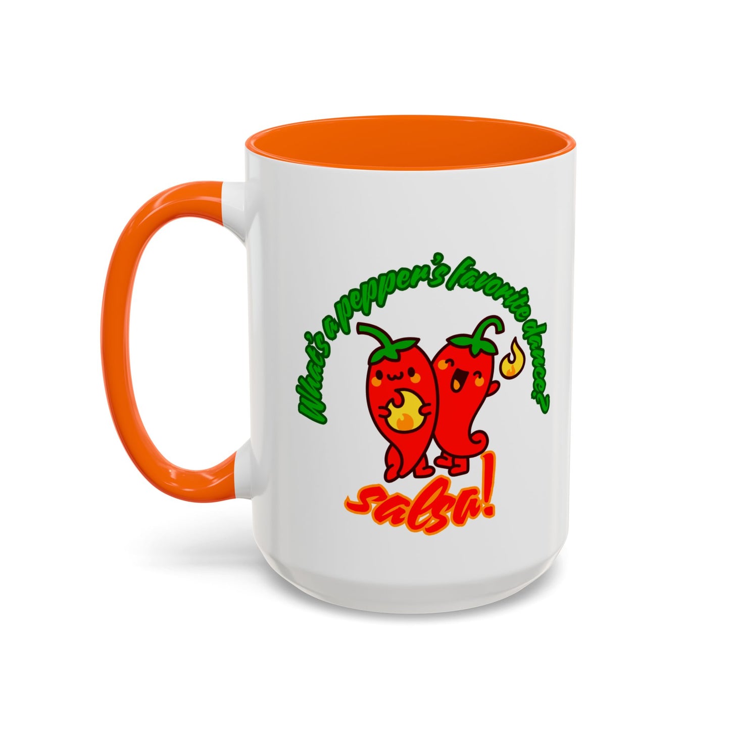 "What's a Pepper's Favorite Dance? Salsa." Accent Coffee Mug – Funny Dance Pun Ceramic Mug for Dancers and Food Lovers