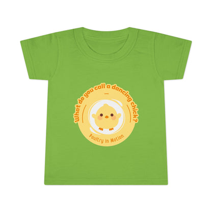 "What Do You Call a Dancing Chick? Poultry in Motion" Toddler Dance T-Shirt – Cute Chicken Graphic Short Sleeve Tee for Kids