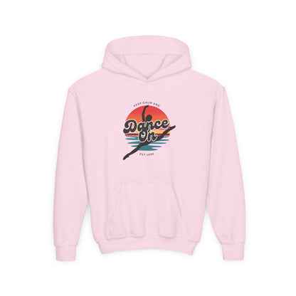 "Keep Calm and Dance On" Youth Hooded Sweatshirt – Retro Dance Quote Graphic Fleece Hoodie for Kids and Teens