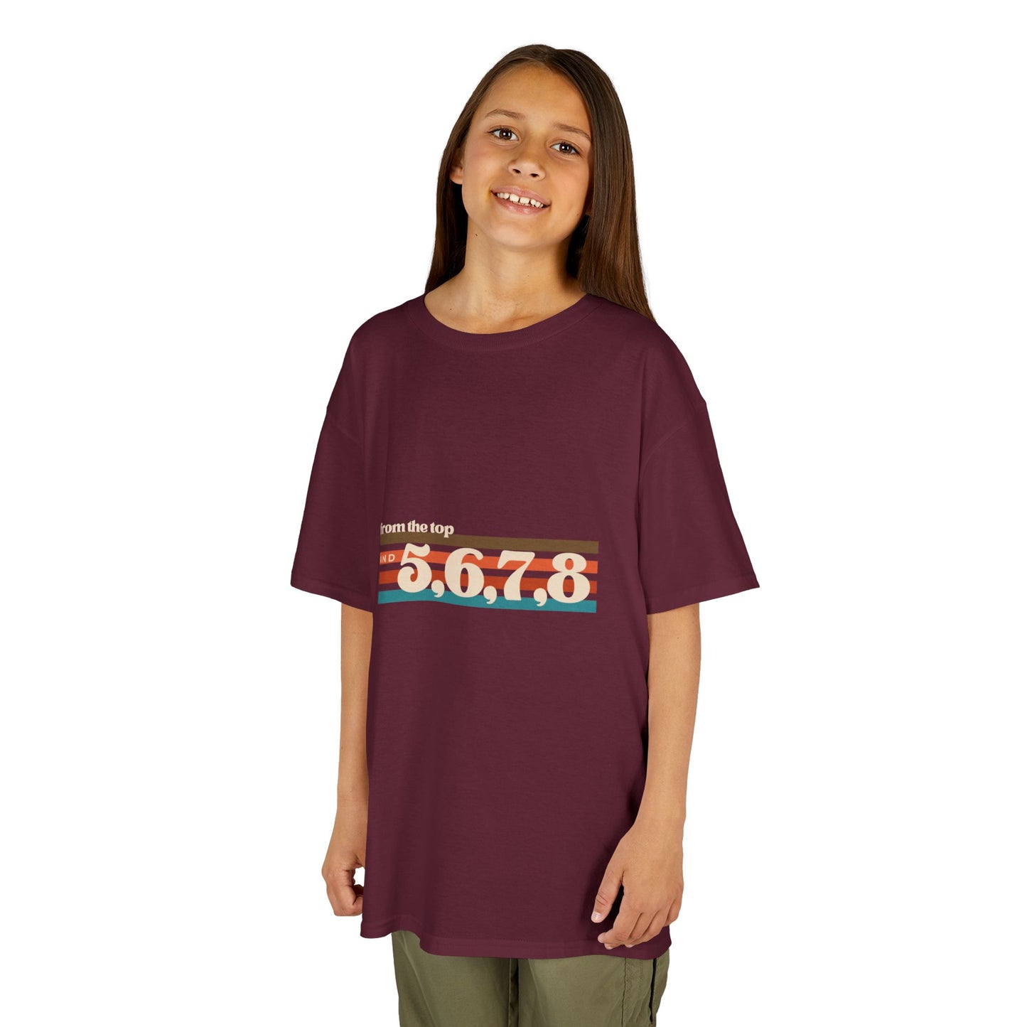 “From the Top and 5, 6, 7, 8” Youth Short Sleeve Tee – Retro Graphic Dance Shirt for Kids and Young Performers