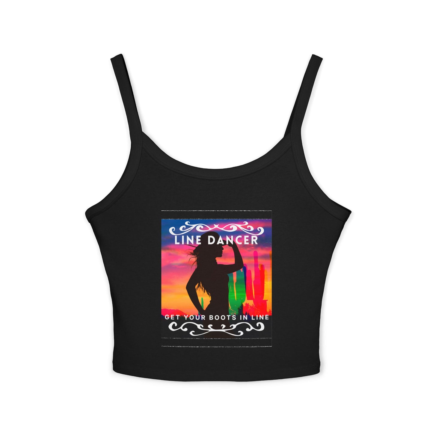 "Line Dancer" Spaghetti Strap Tank Top – Western-Inspired Country Dance Graphic – 'Get Your Boots in Line' Women's Dance Tank