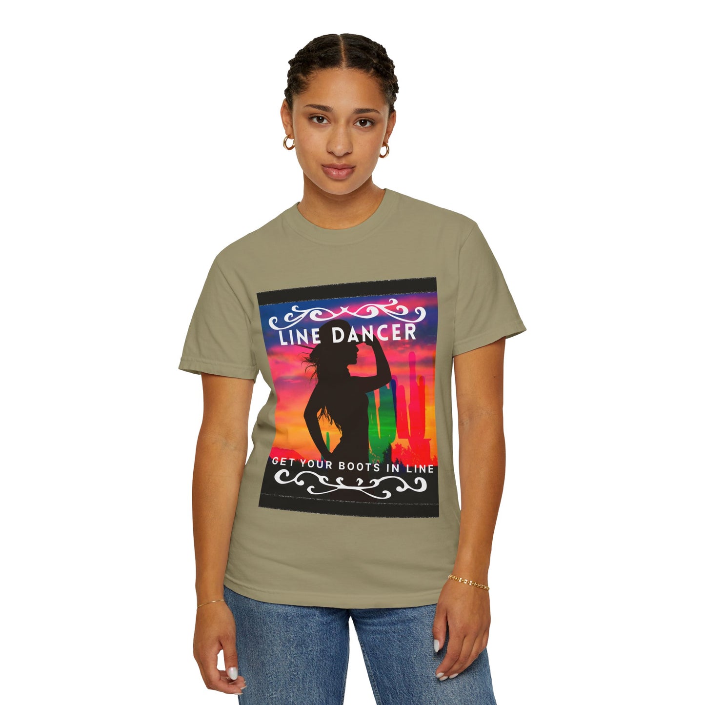 "Line Dancer" Unisex Garment-Dyed T-Shirt – Western Country Dance Graphic Tee – 'Get Your Boots in Line' Cowboy-Inspired Shirt