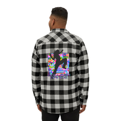 Levels Premium Collection Flannel Shirt – Unisex Streetwear Button-Up with "Levels Pictures Textures" Front Text and Bold Dancer Silhouette Back Graphic