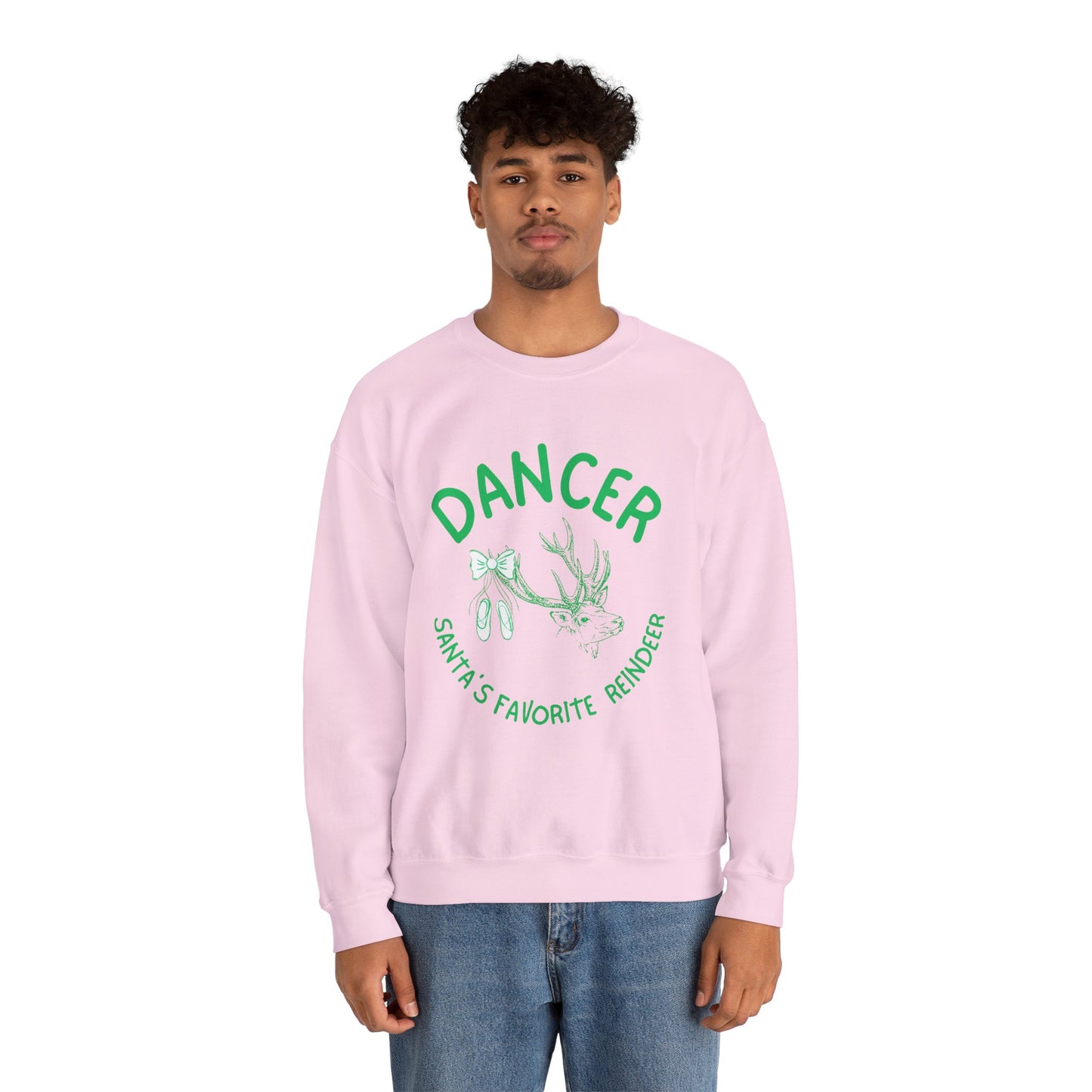“Dancer, Santa’s Favorite Reindeer” ADULT SWEATSHIRT Unisex Heavy Blend Crewneck with Vintage Reindeer Graphic – Festive Christmas Dance Sweatshirt for Dancers & Holiday Events