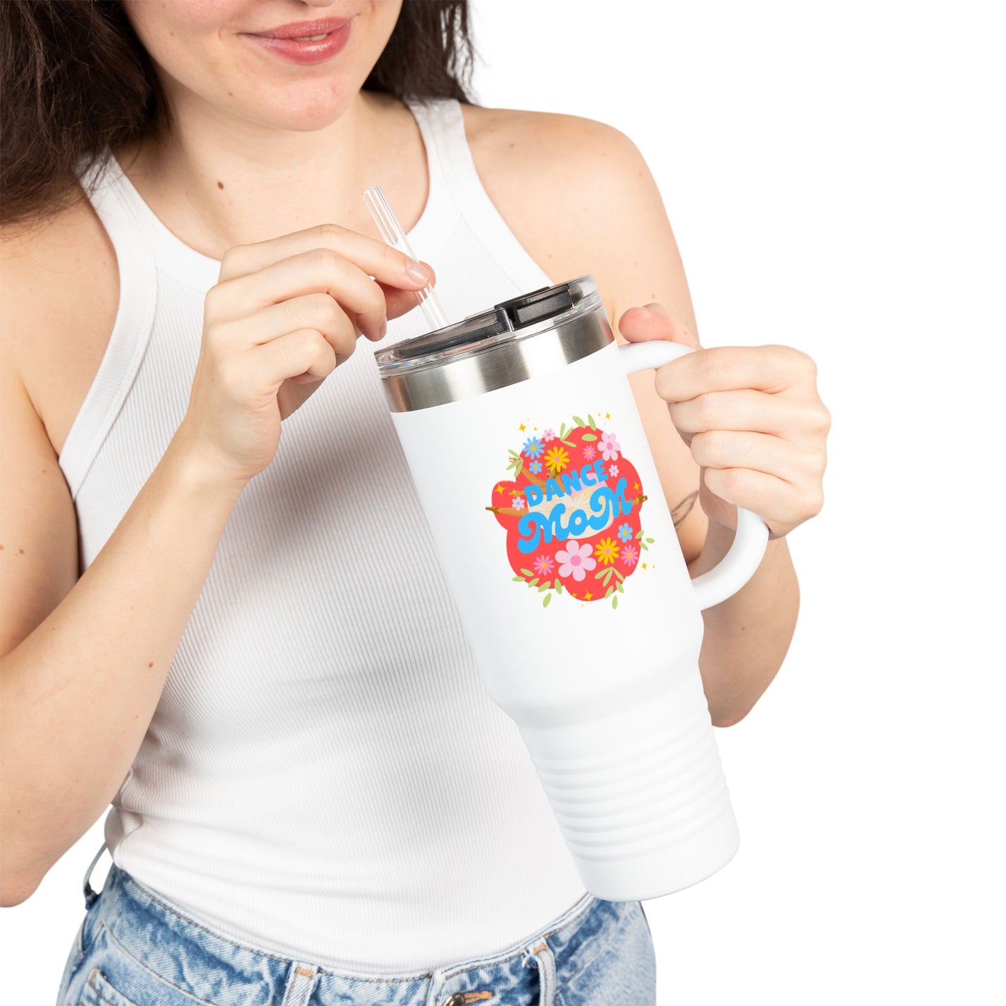 "Dance Mom" 40oz Insulated Travel Mug – Floral Graphic with Costume Designer, Makeup Artist, Chauffeur Text – Funny Dance Mom Gift Tumbler