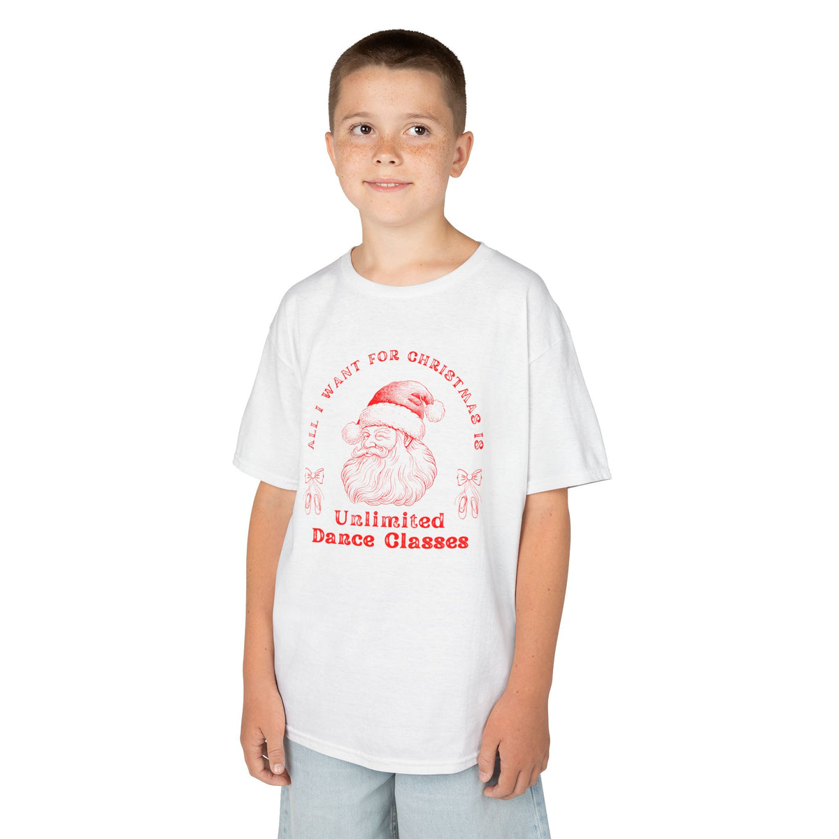 “All I Want for Christmas Is Unlimited Dance Classes” YOUTH TEE Short Sleeve with Vintage Santa – Festive Holiday Dance Tee for Dancers & Studios
