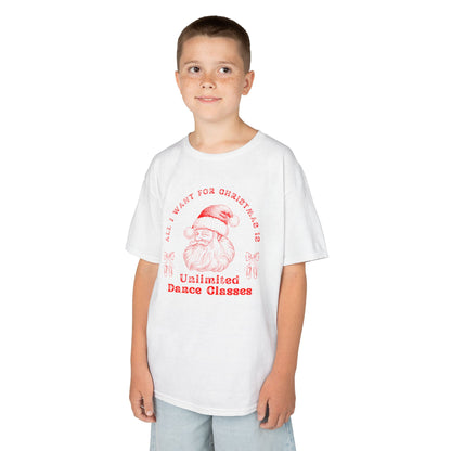 “All I Want for Christmas Is Unlimited Dance Classes” YOUTH TEE Short Sleeve with Vintage Santa – Festive Holiday Dance Tee for Dancers & Studios