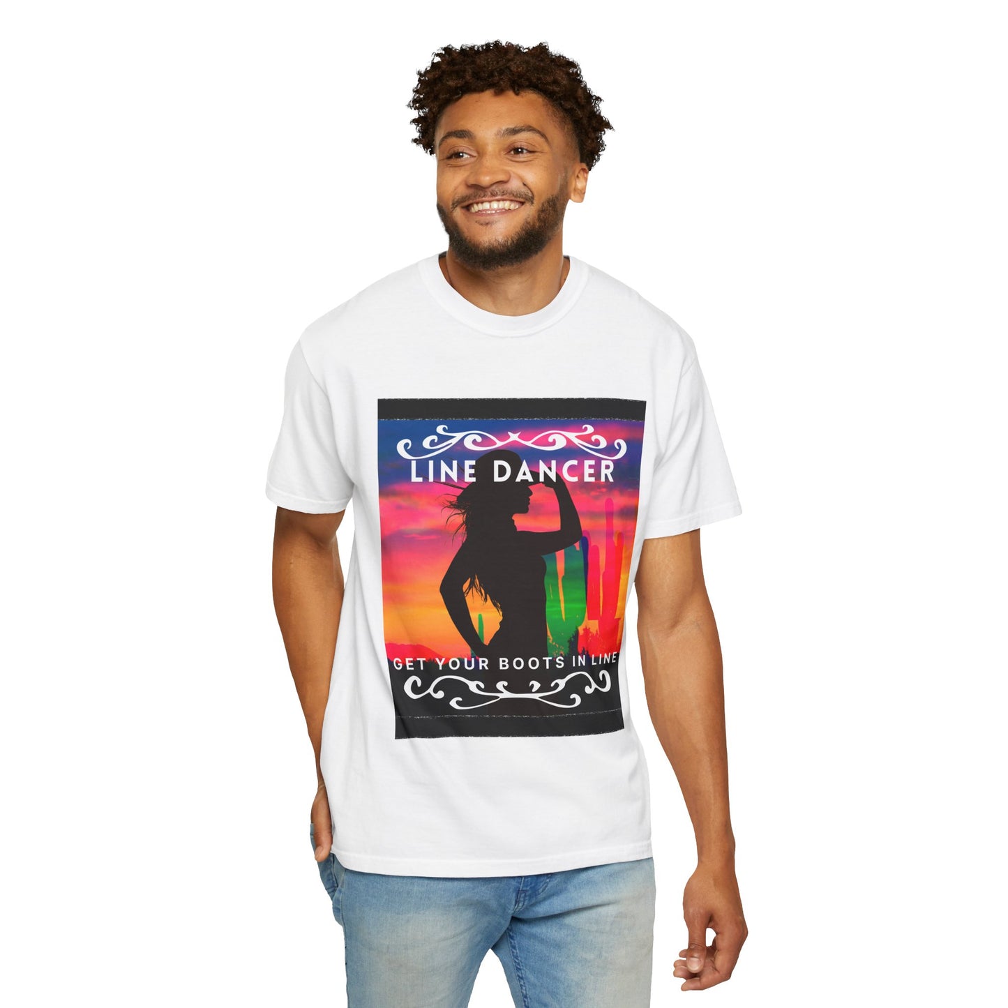 "Line Dancer" Unisex Garment-Dyed T-Shirt – Western Country Dance Graphic Tee – 'Get Your Boots in Line' Cowboy-Inspired Shirt