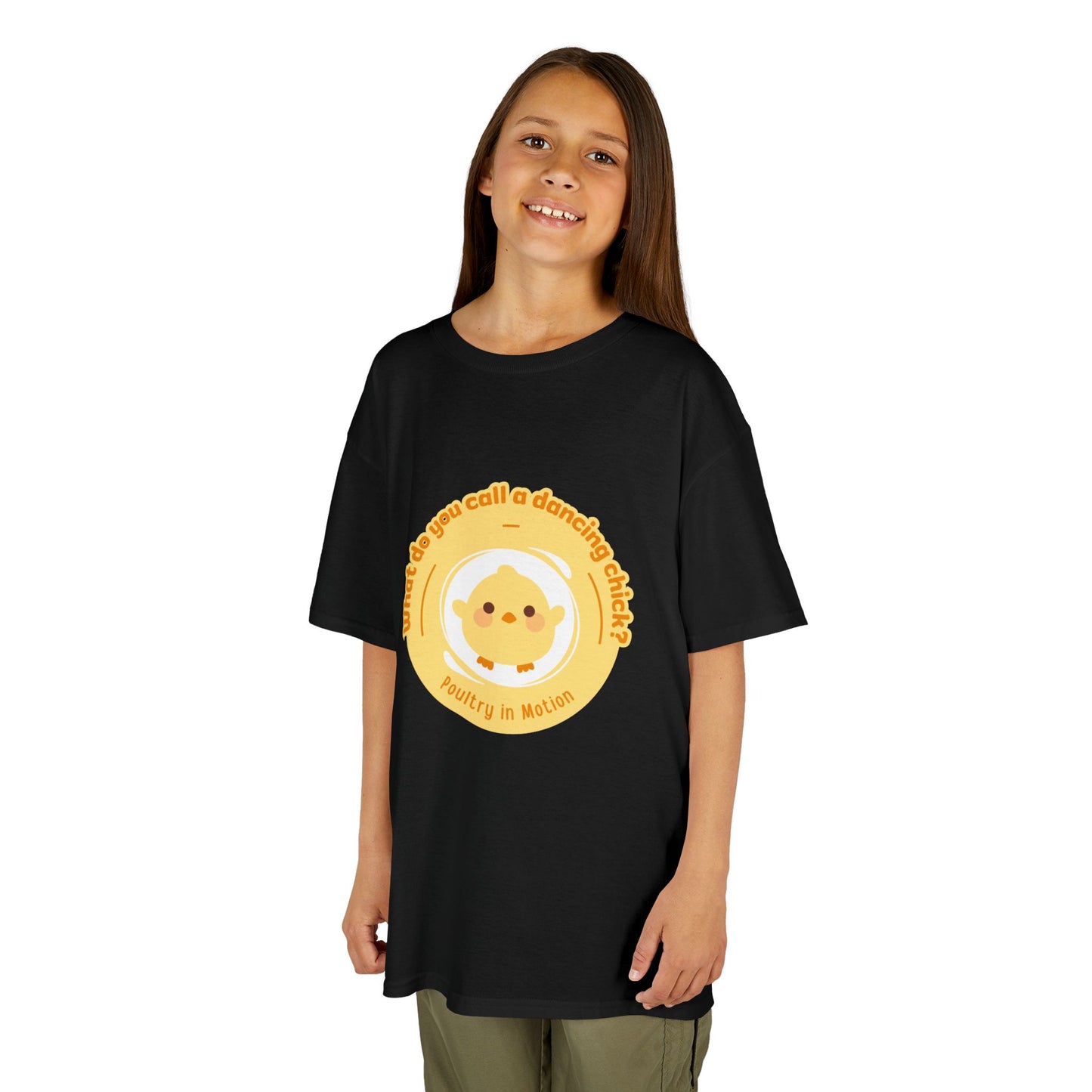 “What do you call a dancing chick? Poultry in Motion” Funny Chick Dance Tee for Kids – Cute Chicken Graphic - Youth Dance Pun T-Shirt