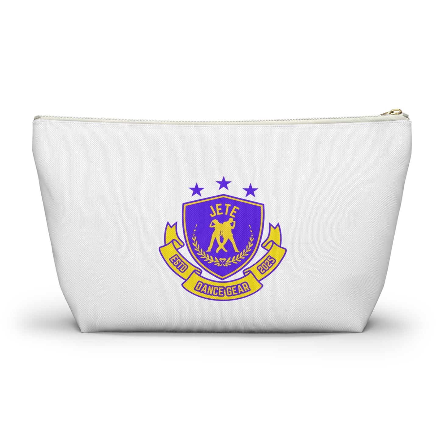 “Jeté Dance Gear" Makeup Bag – Colorful Collegiate-Inspired Dance Graphic – Stylish Zipper Pouch for Cosmetics, Accessories & Team Essentials