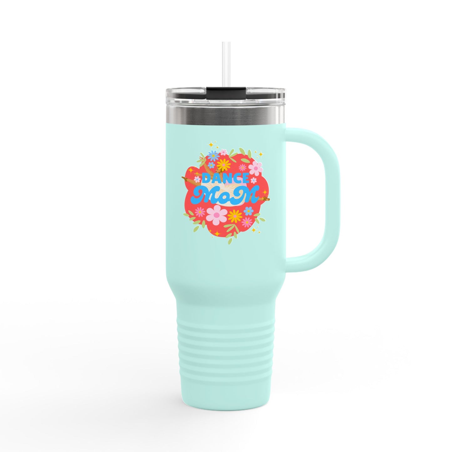 "Dance Mom" 40oz Insulated Travel Mug – Floral Graphic with Costume Designer, Makeup Artist, Chauffeur Text – Funny Dance Mom Gift Tumbler
