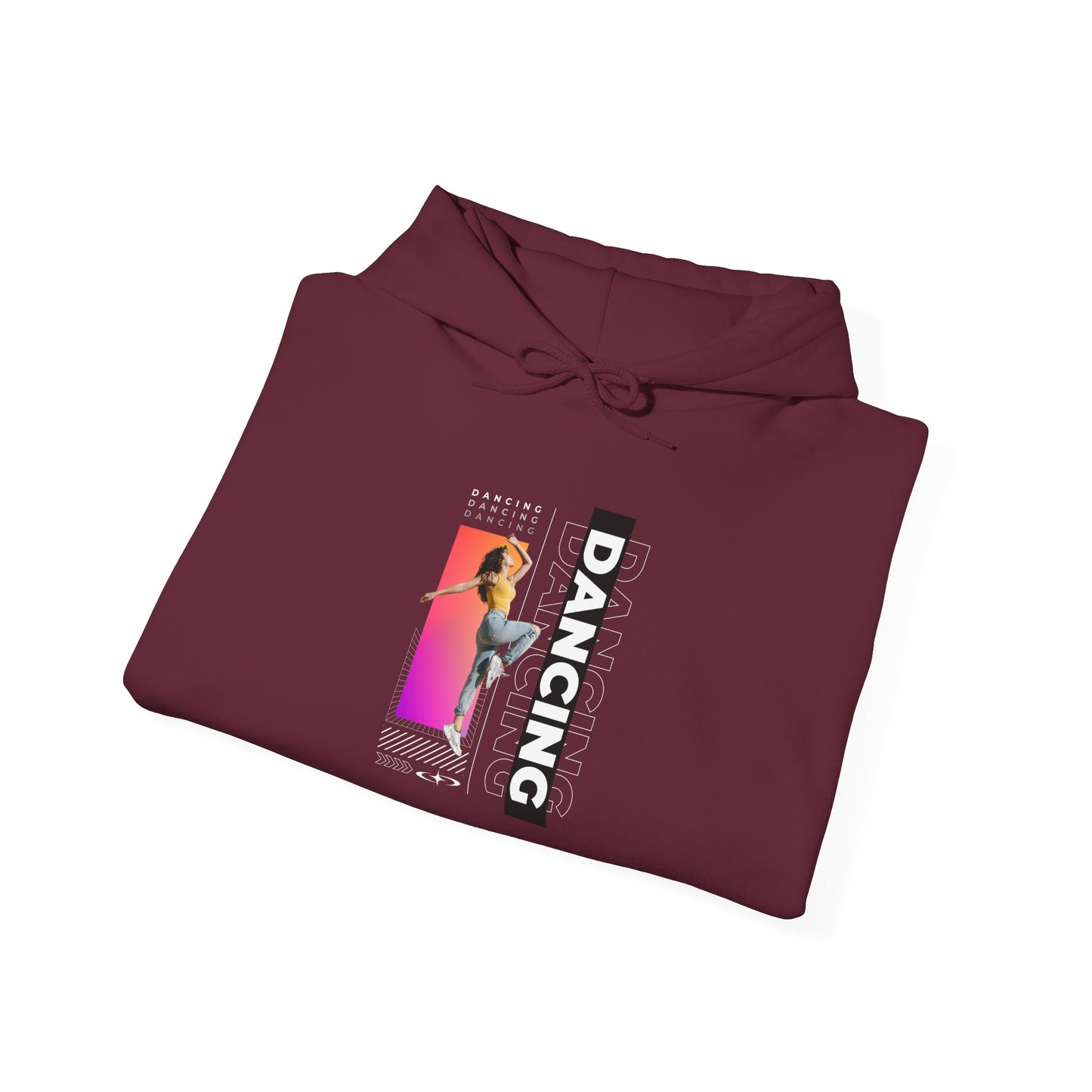 Dancing” Text with Streetwear-Style Female Dancer Graphic - Unisex Heavy Blend™ Hooded Sweatshirt – Cozy Dance Hoodie for Ballet & Hip-Hop Enthusiasts