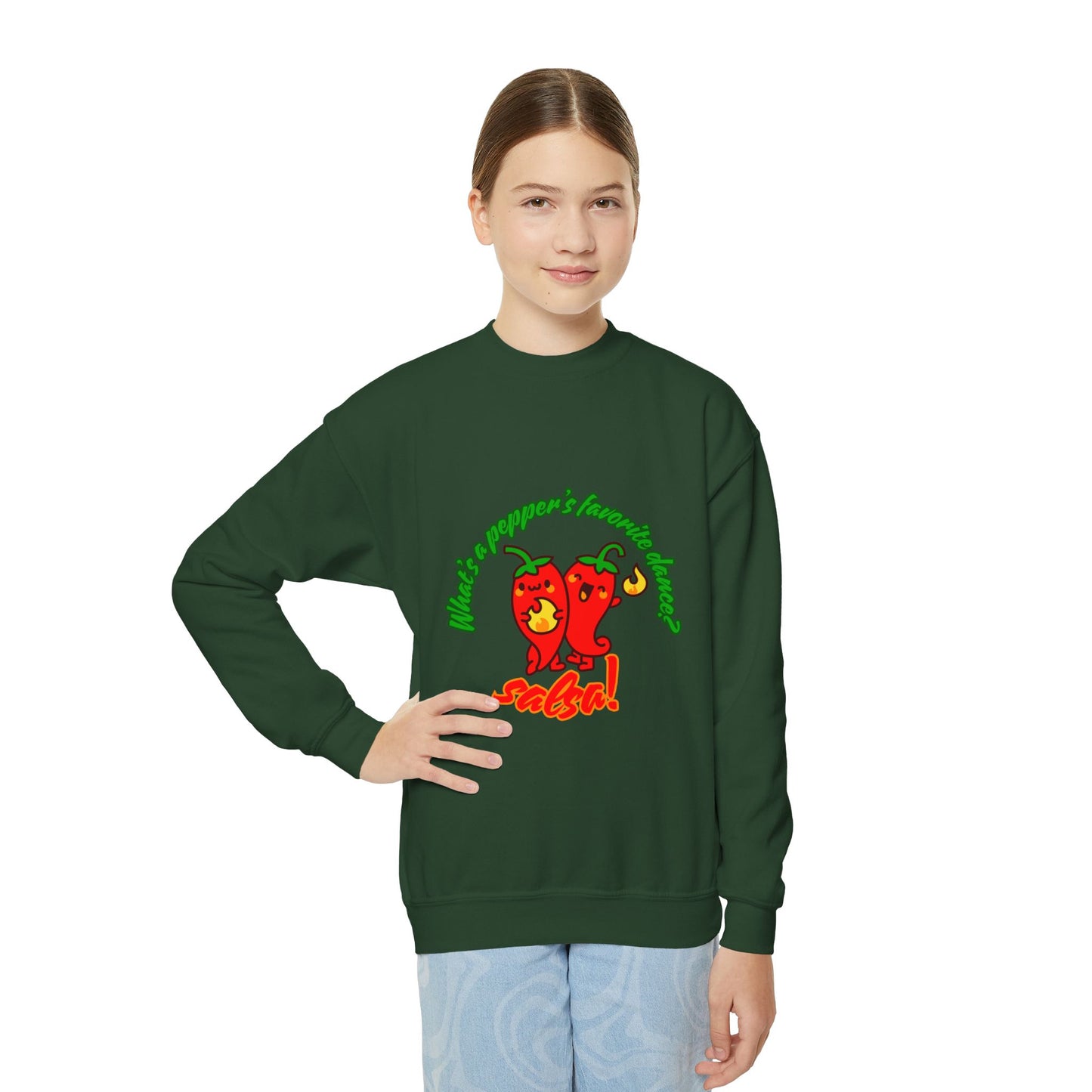 "What's a pepper's favorite dance?  Salsa!" – Funny Dance Pun Youth Crewneck Sweatshirt | Cute Pepper Graphic Kids Pullover for Dancers