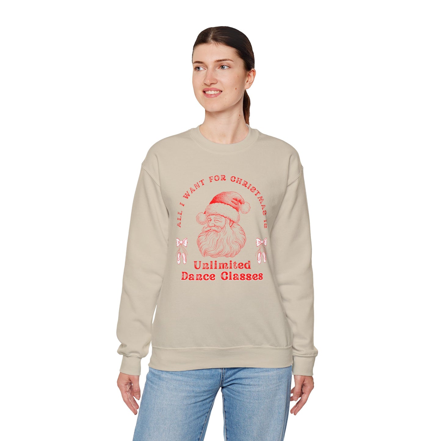 “All I Want for Christmas Is Unlimited Dance Classes” ADULT SWEATSHIRT Unisex Heavy Blend Crewneck with Vintage Santa – Festive Holiday Dance Sweatshirt for Dancers & Studios