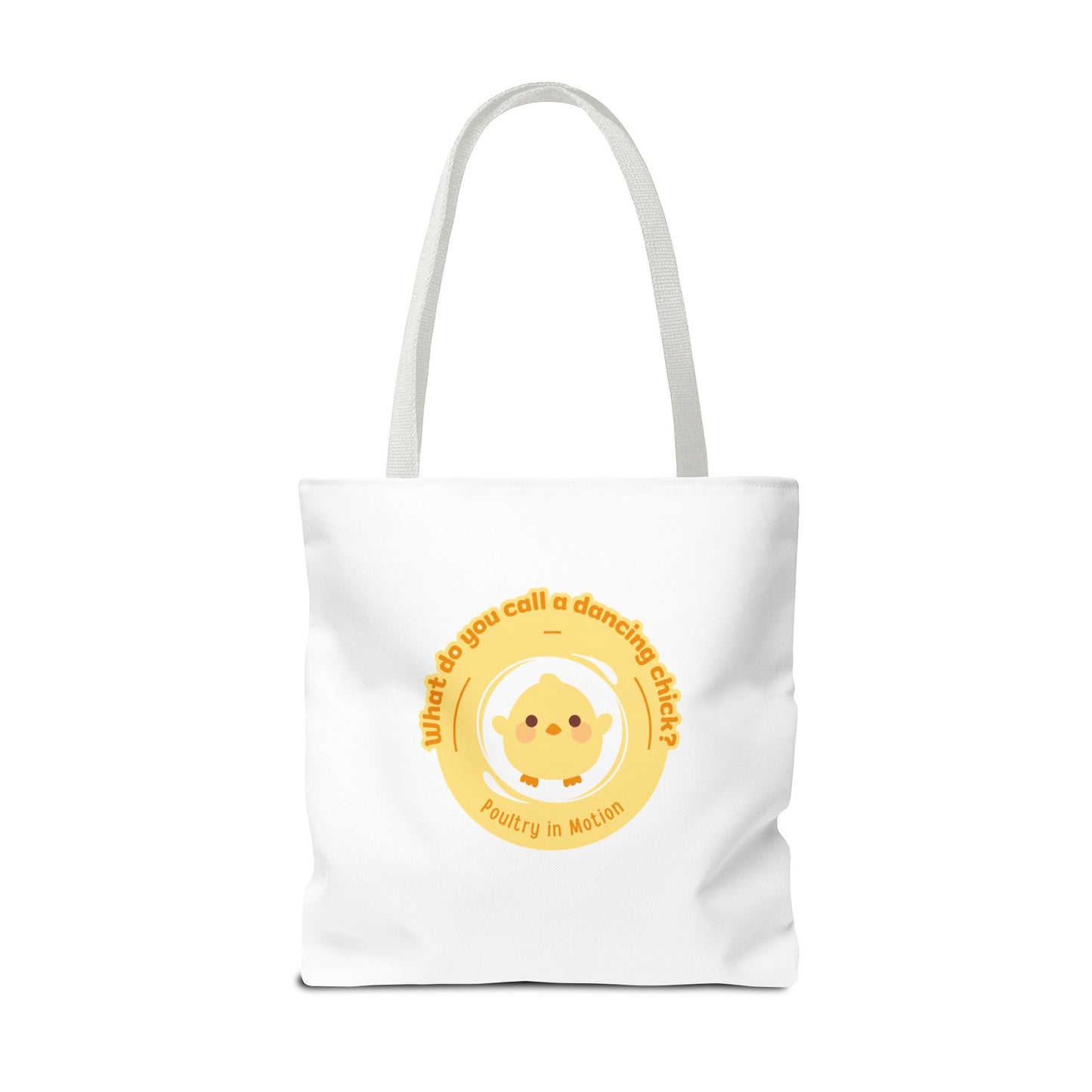 "What do you call a dancing chick? Poultry in Motion" Funny Dance Tote Bag – Kawaii Chicken Canvas Tote for Dancers & Dance Lovers