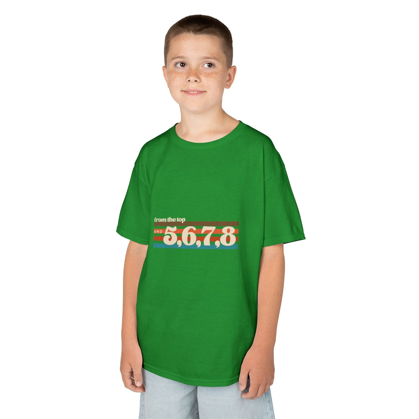 “From the Top and 5, 6, 7, 8” Youth Short Sleeve Tee – Retro Graphic Dance Shirt for Kids and Young Performers