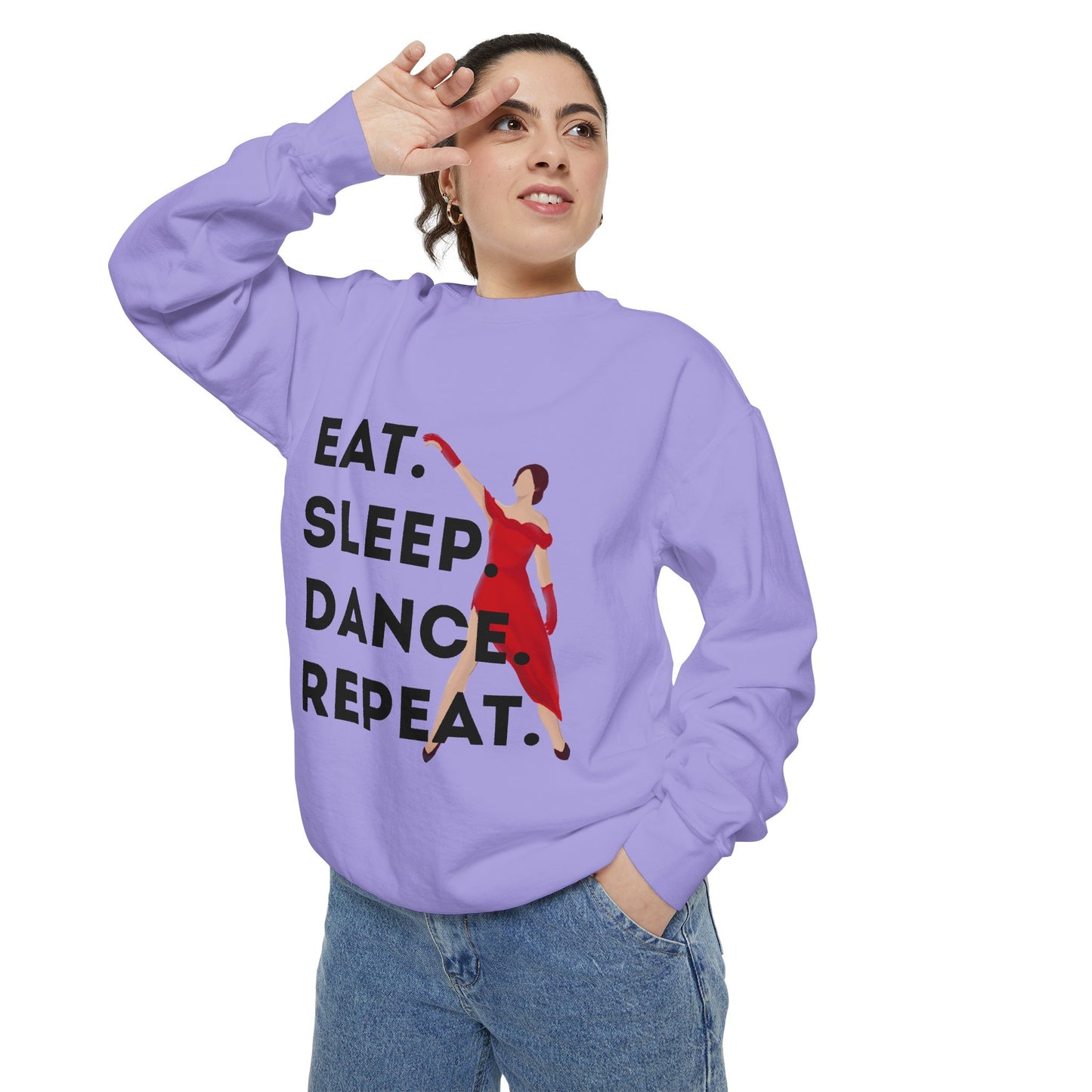 "Eat, Sleep, Dance, Repeat" Unisex Lightweight Crewneck Sweatshirt – Bold Dance Graphic Pullover for Dancers & Studio Life Enthusiasts