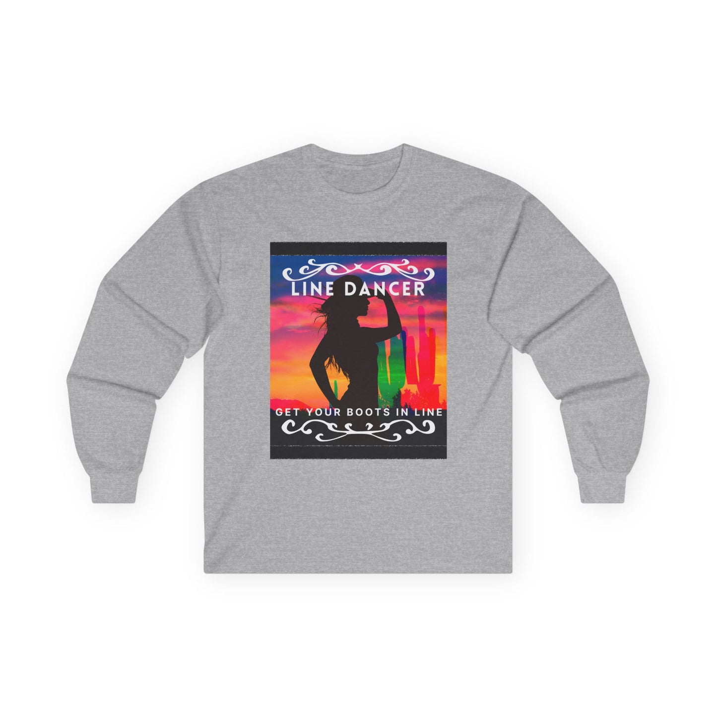 "Line Dancer, Get Your Boots in Line" Western-Inspired Graphic – Unisex Long Sleeve Dance Tee