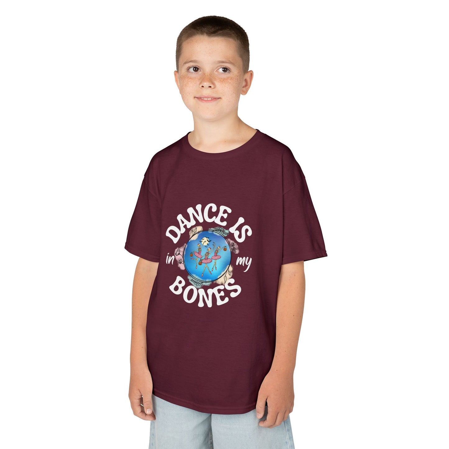 "Dance Is in My Bones” Halloween Dance T-Shirt with Dancing Skeletons Graphic - Kids Heavy Cotton™ Tee