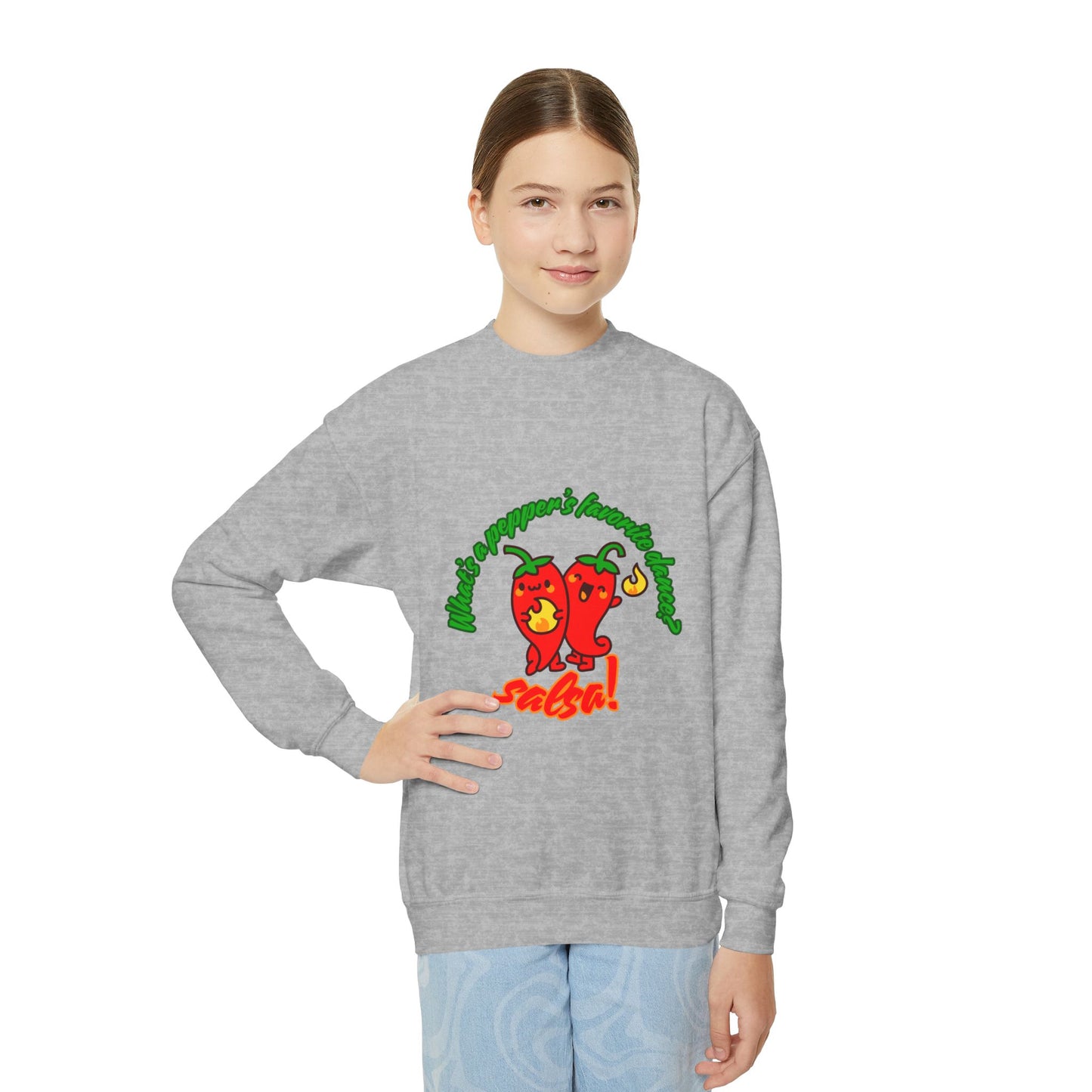 "What's a pepper's favorite dance?  Salsa!" – Funny Dance Pun Youth Crewneck Sweatshirt | Cute Pepper Graphic Kids Pullover for Dancers