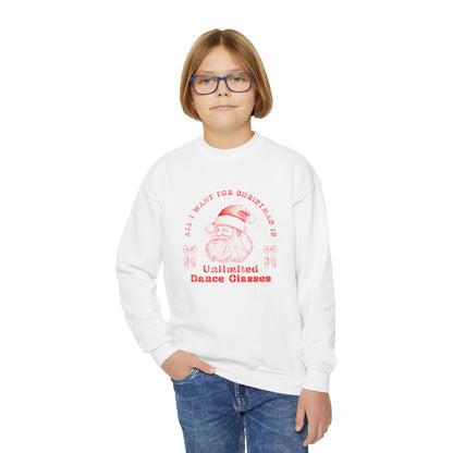 “All I Want for Christmas Is Unlimited Dance Classes” YOUTH SWEATSHIRT  Crewneck with Vintage Santa – Festive Holiday Dance Sweatshirt for Dancers & Studios
