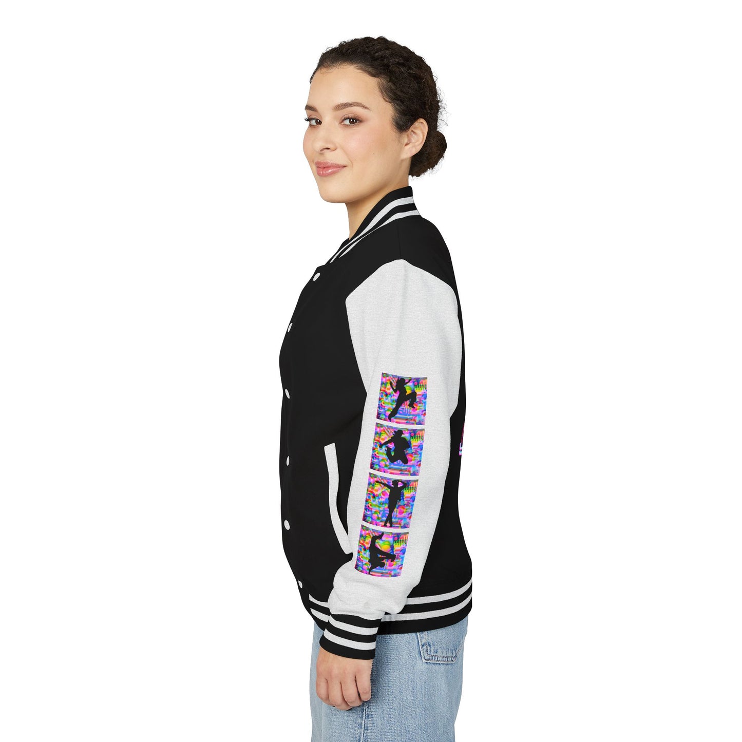Levels Premium Collection Dance Letterman Jacket – Colorful Unisex Streetwear Varsity Jacket with "Levels Pictures Textures" Front and Dancer Silhouette Back Graphic