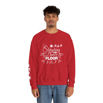 “Sleighing the Dance Floor” ADULT SWEATSHIRT Unisex Heavy Blend Crewneck – Festive Christmas Dance Sweatshirt with Santa’s Sleigh & Reindeer Arm Design, Perfect for Dancers & Studios