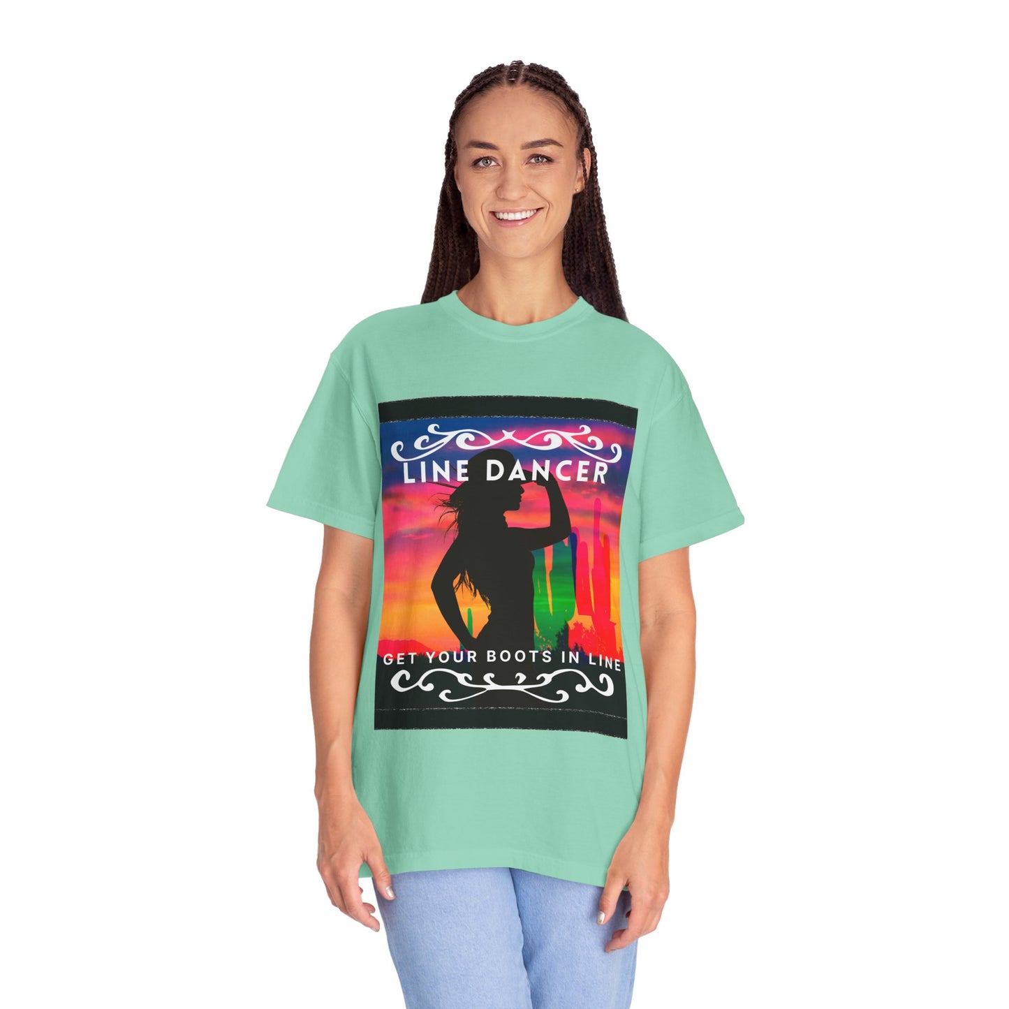 "Line Dancer" Unisex Garment-Dyed T-Shirt – Western Country Dance Graphic Tee – 'Get Your Boots in Line' Cowboy-Inspired Shirt