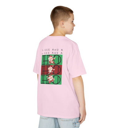 “5-eee and a 6-eee and a Ho, Ho, Ho” YOUTH Short Sleeve Tee with Playful Dancing Santa Front & Back – Festive Christmas Dance Tee for Dancers & Studios