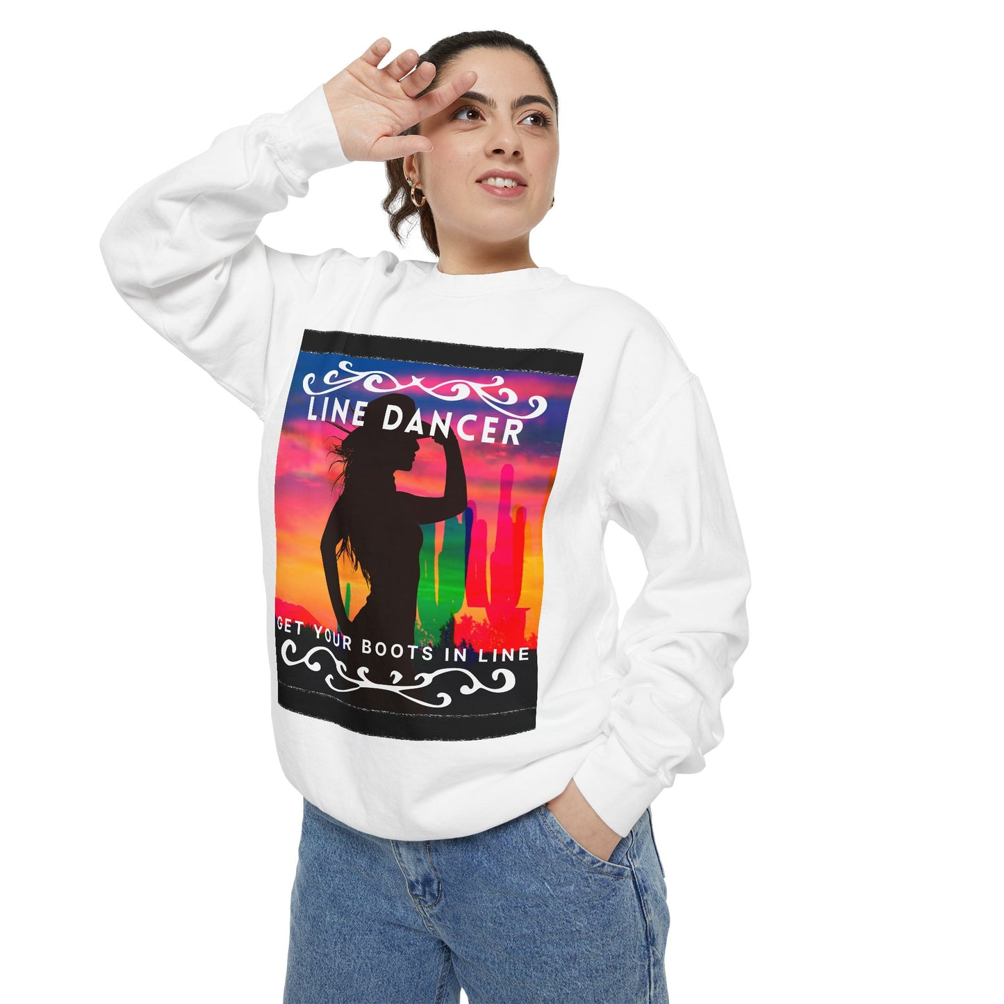 "Line Dancer, Get Your Boots in Line" Unisex Lightweight Crewneck Sweatshirt – Western Dance Graphic Pullover for Country Music & Boot Scootin’ Fans