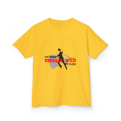 "Ain’t Nobody Messin’ With My Click" – Youth Short Sleeve Dance Tee with Tap Shoes & Tap Dancer Graphic