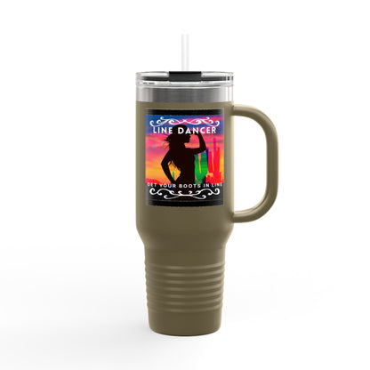 "Line Dancer, Get Your Boots In Line" 40oz Insulated Travel Mug – Cowgirl Dance-Themed Tumbler for Country Western Lovers