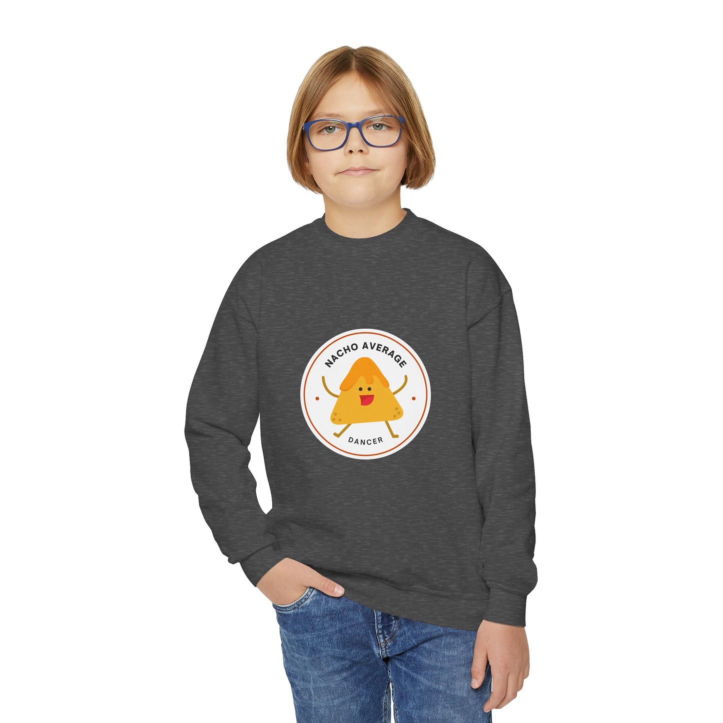 "Nacho Average Dancer" – Funny Youth Crewneck Dance Sweatshirt | Cute Nacho Graphic Kids Pullover