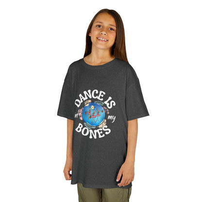"Dance Is in My Bones” Halloween Dance T-Shirt with Dancing Skeletons Graphic - Kids Heavy Cotton™ Tee