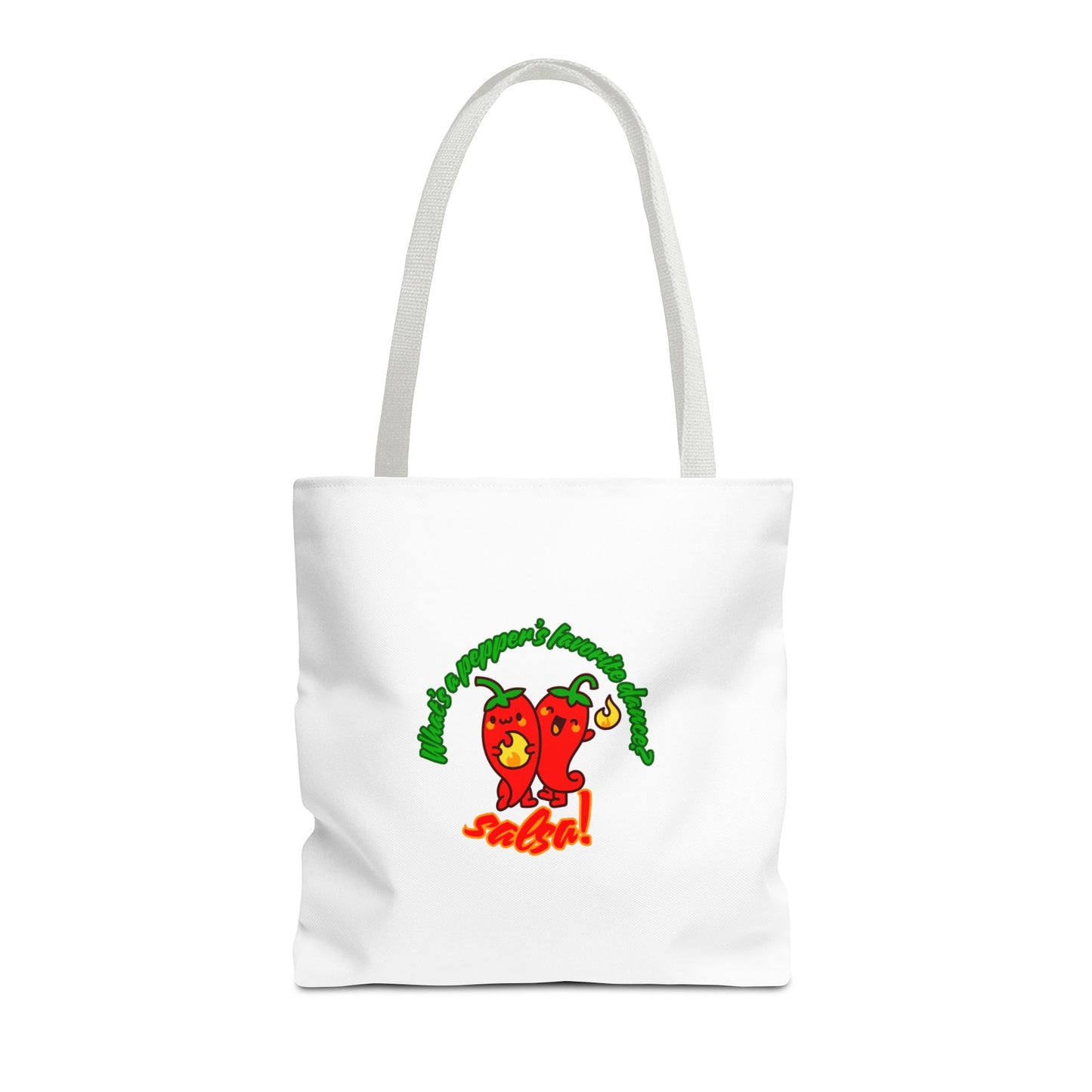“What’s a Pepper’s Favorite Dance? Salsa!” Salsa Dance Pun Tote Bag – Funny Kawaii Pepper Graphic Canvas Bag for Dancers & Food Lovers