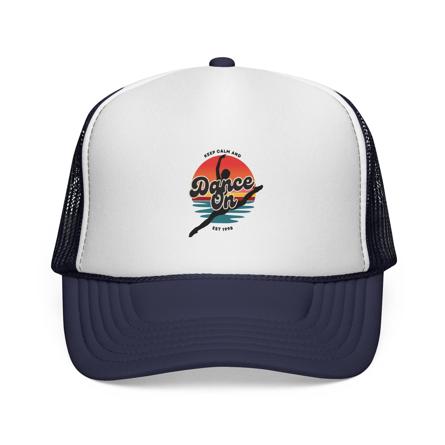 "Keep Calm and Dance On" Trucker Hat – Retro Dancer Graphic Unisex Cap for Dance Lovers | Fun Dance-Themed Hat for Everyday Style & Gifts