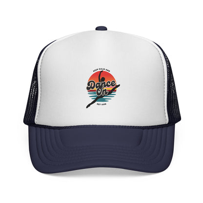 "Keep Calm and Dance On" Trucker Hat – Retro Dancer Graphic Unisex Cap for Dance Lovers | Fun Dance-Themed Hat for Everyday Style & Gifts
